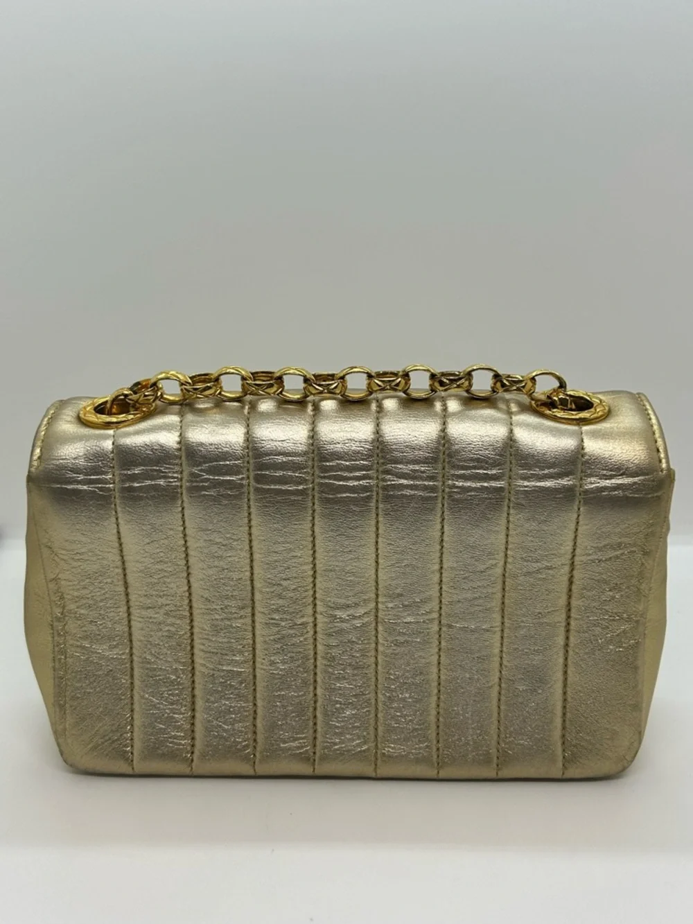 CHANEL Vintage Metallic Gold Vertical Quilt Bijou Chain Mini Border Flap Bag